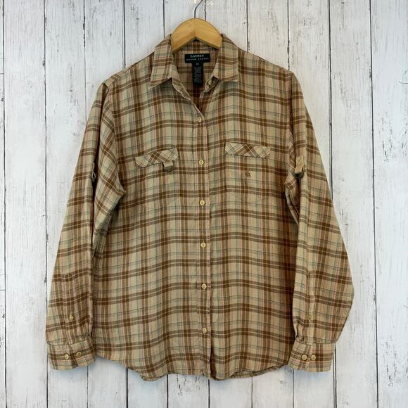 Lauren Ralph Lauren Plaid Linen Roll Up Buckle Sleeve Button-Down Size Medium - Picture 2 of 16